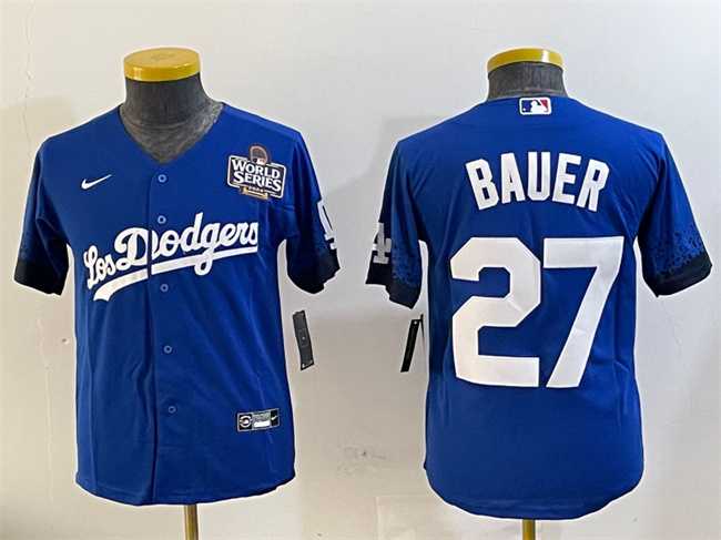 Womens Los Angeles Dodgers #27 Trevor Bauer Blue 2024 World Series City Connect Cool Base Stitched Jersey